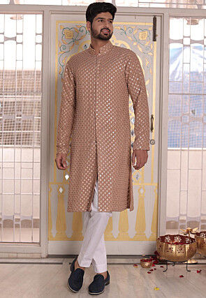 Embroidered Georgette Front Open Kurta Set in Rose Gold