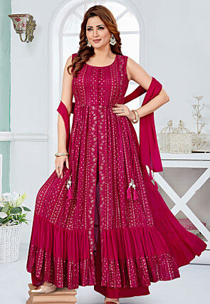 Embroidered Georgette Front Open Pakistani Suit in Fuchsia
