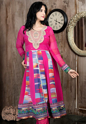 Embroidered Georgette Front Slit A Line Kurta in Fuchsia