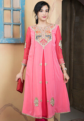 Embroidered Georgette Front Slit A Line Kurta in Pink