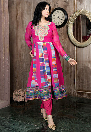 Embroidered Georgette Front Slit A Line Kurta Set in Fuchsia