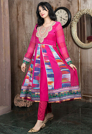 Embroidered Georgette Front Slit A Line Kurta Set in Fuchsia