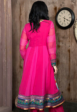 Embroidered Georgette Front Slit A Line Kurta Set in Fuchsia