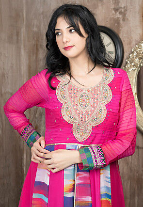 Embroidered Georgette Front Slit A Line Kurta Set in Fuchsia