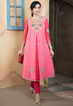 Embroidered Georgette Front Slit A Line Kurta Set in Pink