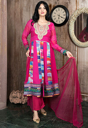 Embroidered Georgette Front Slit A Line Suit in Fuchsia