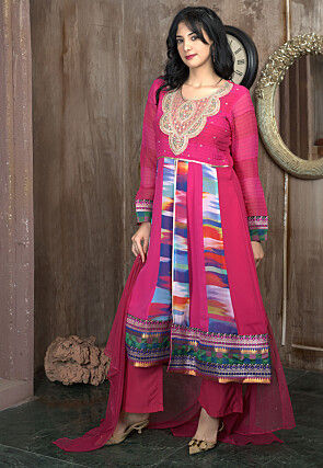 Embroidered Georgette Front Slit A Line Suit in Fuchsia