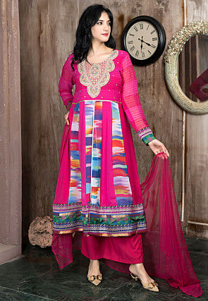 Embroidered Georgette Front Slit A Line Suit in Fuchsia