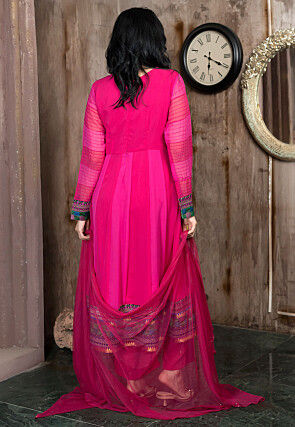 Embroidered Georgette Front Slit A Line Suit in Fuchsia