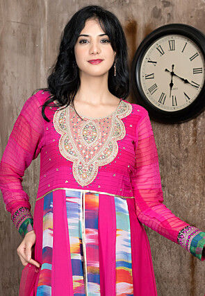 Embroidered Georgette Front Slit A Line Suit in Fuchsia