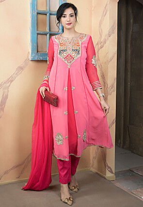 Embroidered Georgette Front Slit A Line Suit in Pink