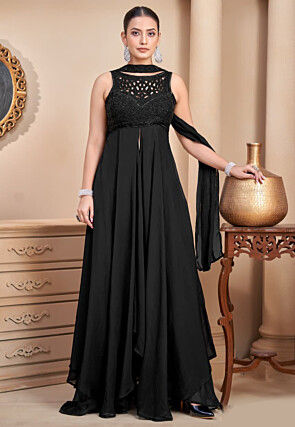 Embroidered Georgette Front Slit Abaya Style Suit in Black