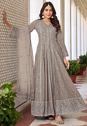 Embroidered Georgette Front Slit Abaya Style Suit in Dusty Peach