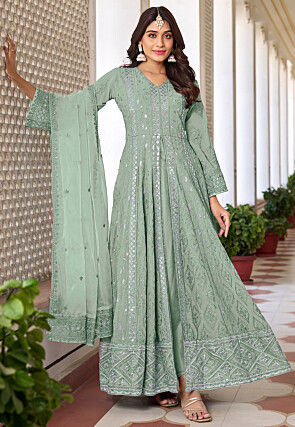 Embroidered Georgette Front Slit Abaya Style Suit in Green