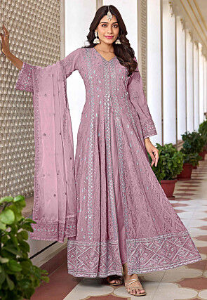 Embroidered Georgette Front Slit Abaya Style Suit in Light Purple