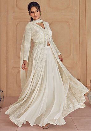 Embroidered Georgette Front Slit Abaya Style Suit in Off White