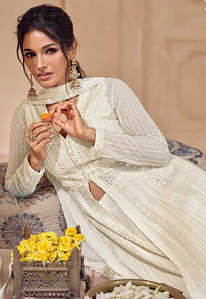 Embroidered Georgette Front Slit Abaya Style Suit in Off White