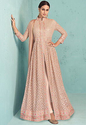 Embroidered Georgette Front Slit Abaya Style Suit in Peach