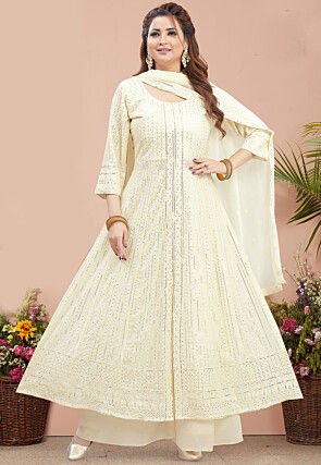 Embroidered Georgette Front Slit Anarkali Suit in Cream