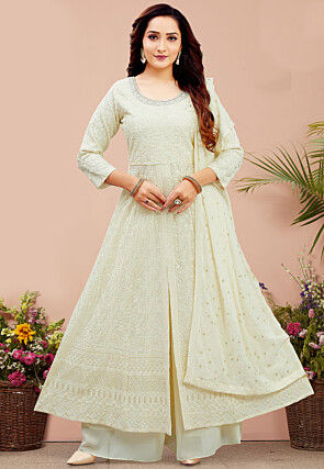 Embroidered Georgette Front Slit Anarkali Suit in Cream
