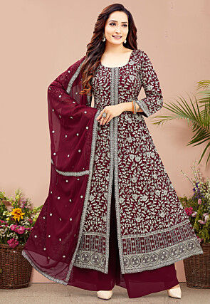 Embroidered Georgette Front Slit Anarkali Suit in Maroon