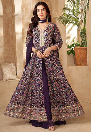 Embroidered Georgette Front Slit Anarkali Suit in Purple