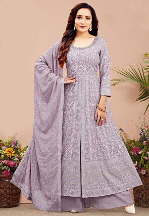 Embroidered Georgette Front Slit Anarkali Suit in Purple