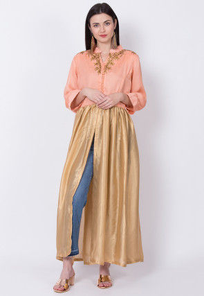 Embroidered Georgette Front Slit Kurta in Golden and Peach
