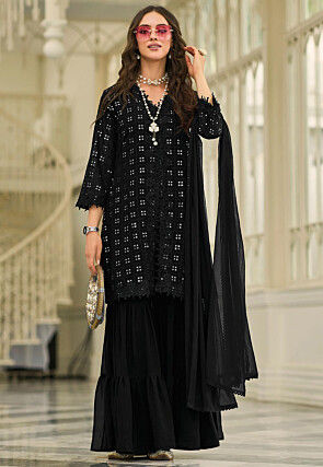 Embroidered Georgette Front Slit Pakistani Suit in Black