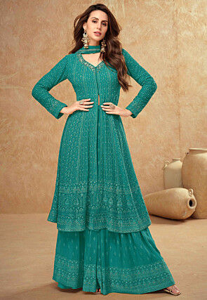 Embroidered Georgette Front Slit Pakistani Suit in Teal Green