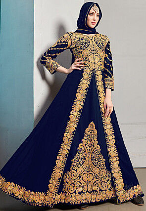 Embroidered Georgette Front Slitted Abaya Style Suit in Navy Blue