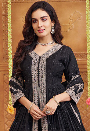 Embroidered Georgette Front Slitted Pakistani Suit in Black