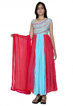 Embroidered Georgette Gathered One Strap Suit in Sky Blue and Pink