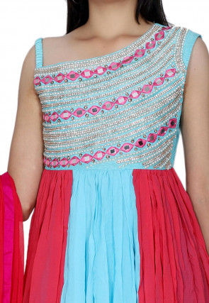 Embroidered Georgette Gathered One Strap Suit in Sky Blue and Pink
