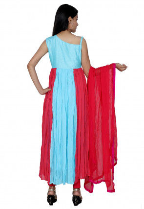 Embroidered Georgette Gathered One Strap Suit in Sky Blue and Pink