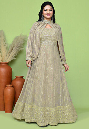 Embroidered Georgette Gown in Beige
