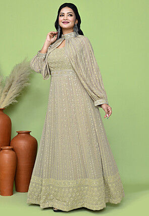 Embroidered Georgette Gown in Beige