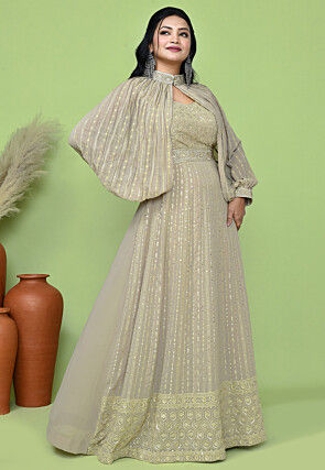 Embroidered Georgette Gown in Beige
