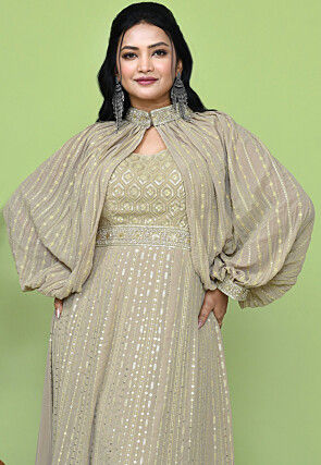 Embroidered Georgette Gown in Beige