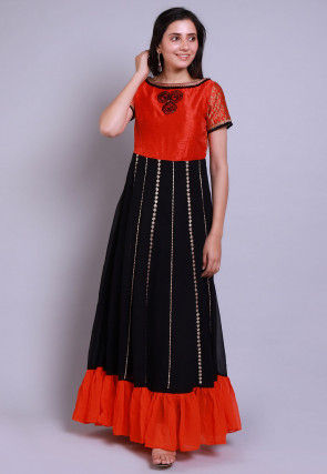 Embroidered Georgette Gown in Black and Orange