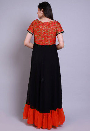 Embroidered Georgette Gown in Black and Orange