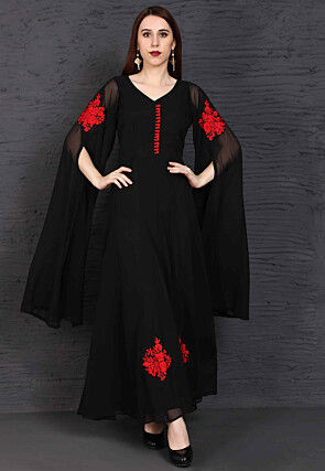 Embroidered Georgette Gown in Black