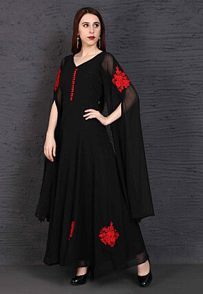 Embroidered Georgette Gown in Black