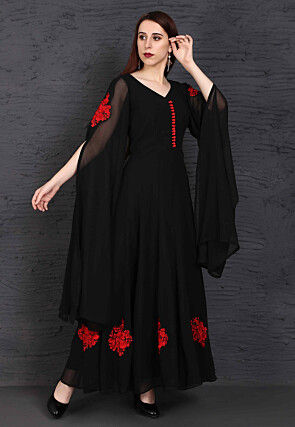 Embroidered Georgette Gown in Black