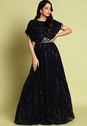 Embroidered Georgette Gown in Black