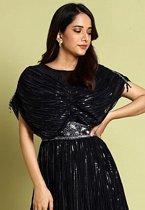 Embroidered Georgette Gown in Black