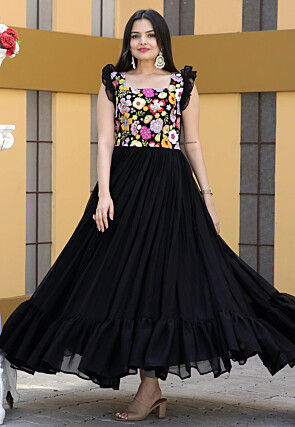 Embroidered Georgette Gown in Black