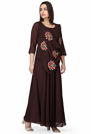 Embroidered Georgette Gown in Dark Brown
