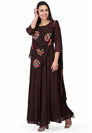 Embroidered Georgette Gown in Dark Brown