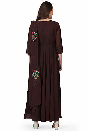 Embroidered Georgette Gown in Dark Brown